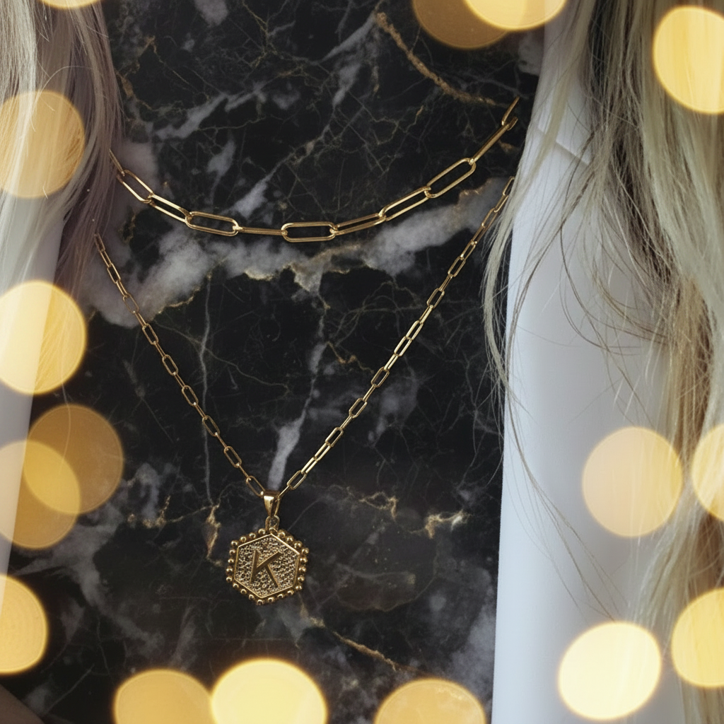 Chic Gold Plated Initial Necklaces for Women - Dainty Layered Paperclip Chain with Hexagon Letter Pendant